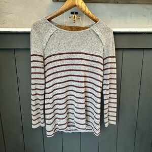 Market & Spruce Striped Gray and Burgundy Sweater Long Sleeve Soft Cozy sz Med